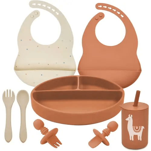 Silicone Baby Feeding Set, Baby Led Weaning Supplies, Baby Spoons Suction Divided Plate Bib Cup, First Stage Solid Food Eating Utensils - 6+ Months(Orange-Beige)