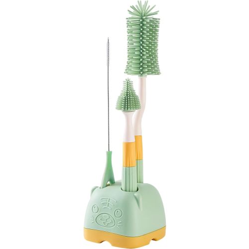 3 in 1 Baby Silicone Bottle Brush Set, Multipurpose Bottle Cleaner, Bottle Brush with Storage Holder, Food Grade Silicone, Effortless Scrubbing, Baby Bottle Cleaning Brush (Green)
