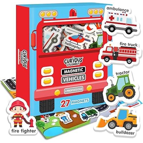 Curious Columbus Vehicles Fridge Magnets for Toddlers 1-3 Year Olds. Large Foam Refrigerator Magnets for Kids Baby and 3-5 Years Old. Magnetic ABC Learning. Educational Toys Babies to Preschool