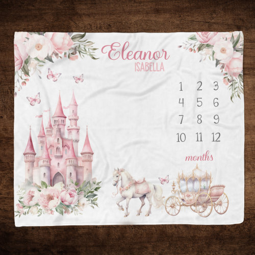 PRINCESS MILESTONE BLANKET, Baby Girl Princess Castle Milestone, Pink Floral Personalized Princess Baby Gift, Baby Growth Blanket Keepsake