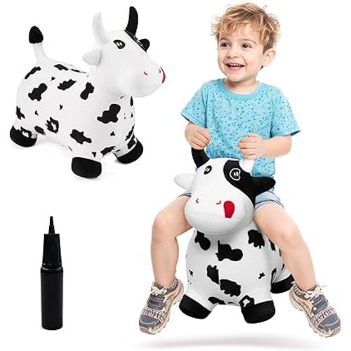 Bouncy Hopper Horse Cow Toys, Inflatable Bouncing Animal Hopping Toys, Outdoor Indoor Ride on Bouncer, Boys Girls Birthday Gift for 18 Month 2 3 4 5 6 Year Old Kid- Plush Cow Toy