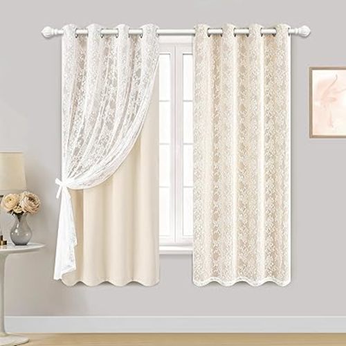 Yinhua Blackout Curtains for Bedroom Double Layer Beige Curtains for Living Room 63 Inch Length 2 Panels Set Kid Curtain with Floral Sheer Overlay, Grommet Drapes with Tiebacks, 52" W x 63" L