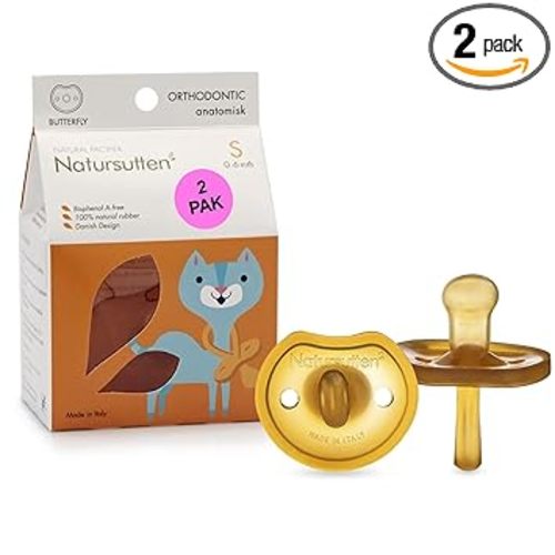 Natursutten 2-Pack Natural Rubber Pacifiers - Safe & Soft BPA-Free Pacifier for Breastfeeding Babies, Made in Italy, Butterfly Shield Orthodontic Nipple, Newborn 0-6 Months