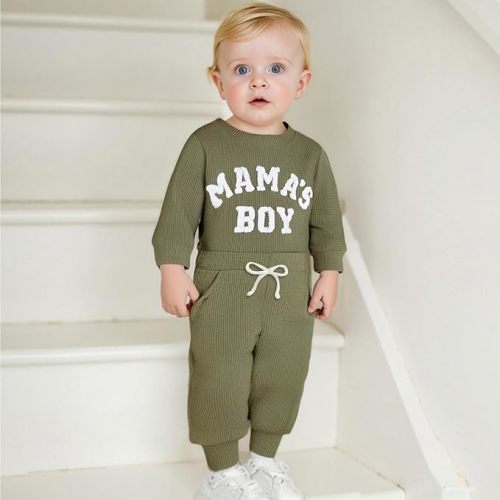 MERSARIPHY Newborn Baby Boy Fall Winter Clothes Mama's Boy Little Dude Outfit Embroidery Waffle Knit Romper Pants Sets