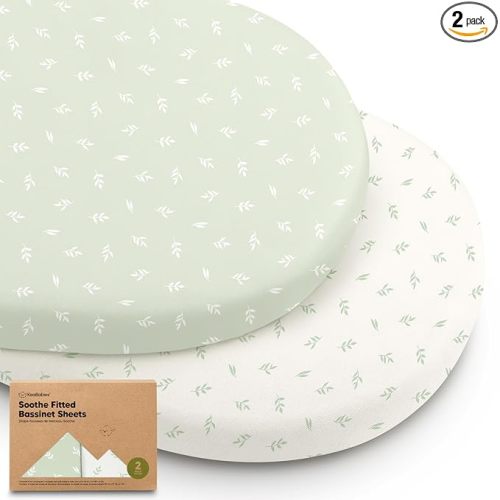 2-Pack Organic Baby Bassinet Sheets Boys, Girls - 100% Cotton Bassinet Mattress Sheets Compatible with Halo Bassinest Swivel Sleeper, Graco, Baby Delight,Chicco, Universal Bassinet Fitted Sheets(Herb)