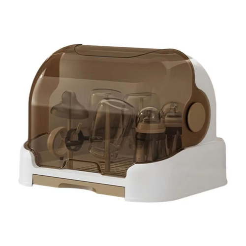 Portable Baby Bottle Drying Rack with Dustproof Lid, Removable Drip Tray, and Compact Storage Design Brown