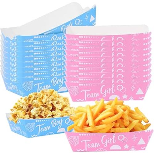 Assembly-Free Team Boy or Girl Gender Reveal Decorations Paper Food Boats(50PCS 2LB) Blue or Pink Gender Reveal Christmas Party Supplies Disposable Trays for Serving Hotdog Nachos Snacks