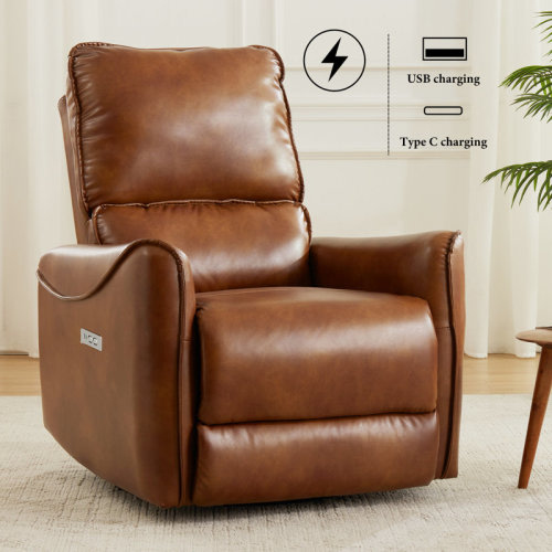 Ivy Bronx Hjalti Swivel and Rocker Power Recliner Chair with USB Port Breathable PU Leather & Reviews | Wayfair
