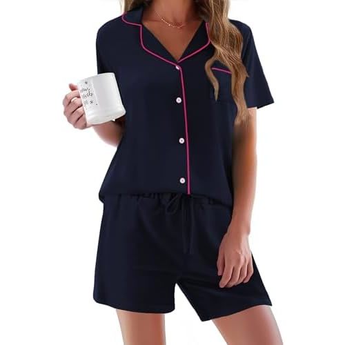 Ekouaer Pajamas Set for Women Short Sleeve Sleepwear Button Down Pjs Soft 2 Piece Lounge Sets XS-XXXL