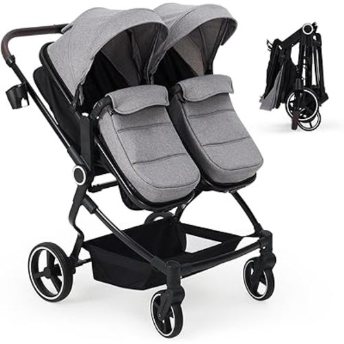GarveeLife Side by Side Double Stroller for Twins, Lightweight Compact Foldable Baby Travel Stroller with High Landscape Seat, Adjustable Canopy & Recline for Infant and Toddler, Light Grey