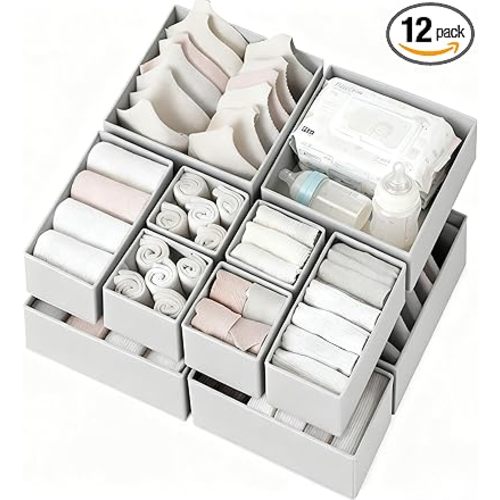 Criusia Drawer Organizer Clothes 12 Pack, Dresser Organizer for Nursery Bedroom Closet Organization and Storage - Baby Clothes Organizer Bins - Drawer Divider for Sock Underwear Bra Ties (Grey)