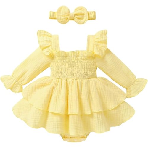 SIZE 6-12 MONTHS YOUNGER TREE Baby Girl Fall Clothes Infant Long Sleeve Ruffle Romper Dress with Headband Cute Toddler Winter Outfits