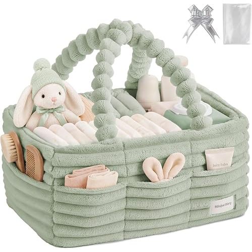 Blissful Diary Flannel Diaper Caddy Organizer with Gift Packaging, Portable Nursery Storage Basket, Gift for Baby Shower, Newborn Boys & Girls Essentials, Registry Search Must Haves, Light Green