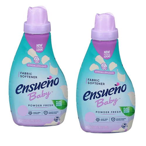 Ensueno Baby Powder Scent Liquid Laundry Fabric Softener with Aloe Vera Color Safe Hypoallergenic Formula and Easy Ironing - 45 Fl Oz and 38 Laundry Loads Per Bottle Pack of 2 &CUSTOM Storage Carrier