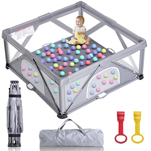 GENTEACO Foldable Baby Playpen,Extra Large Play Pen for Babies and Toddlers(Gray,59"X59")