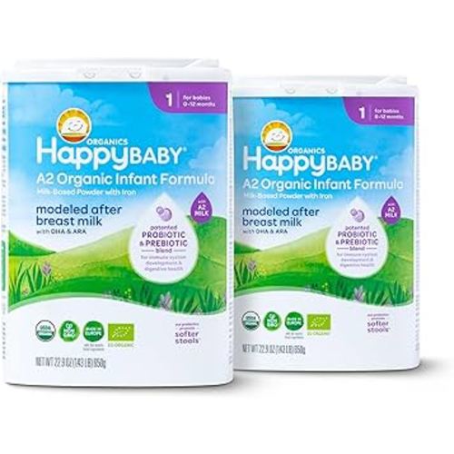 Happy Baby Organics Stage 1 A2 Infant Formula, 0 12 Months, Milk Based Organic Baby Formula Powder with A2 Milk, Probiotics & Prebiotics for Immune & Digestive Support, 22.9 Ounce (Pack of 2)