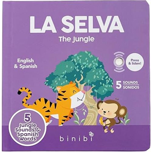 Binibi Bilingual Spanish Sound Board Book for Babies & Toddlers 1–3 – Jungle Animal Sound Buttons, Interactive Early Spanish Learning Board Book – Durable Gift