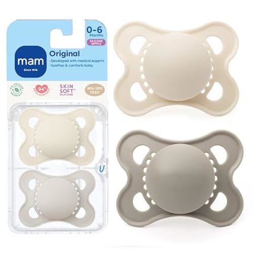 MAM Original Baby Pacifier 0-6 Mths, Skin Soft Silicone Nipple, 2 Pack