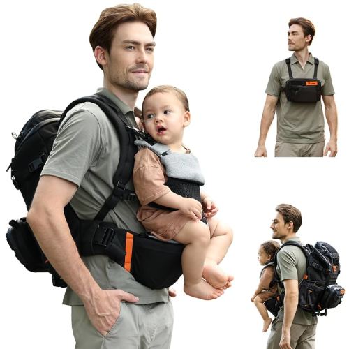 C1 All in 1 Modular Baby Diaper Bag Backpack for Dad, with Convertible Baby Carrier & Hip Seat & Chest Bag, Easy to Wear & Switch, 500D Tactical Fabric, Baby Carrier for Newborn to Toddler (Black)