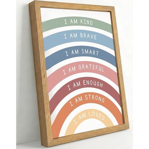 Framed Boho Rainbow Positive Affirmation Canvas Wall Art,I Am Kind Inspirational Quote Poster Prints for Kids Girl Nursery Room Classroom Playroom wall Decor 12x16in Ready to Hang
