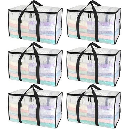 BALEINE 6-Pack Oversized Moving Bags with Reinforced Handles, Heavy-Duty Storage Tote for Clothes, Moving Supplies (Clear, 6-Pack)
