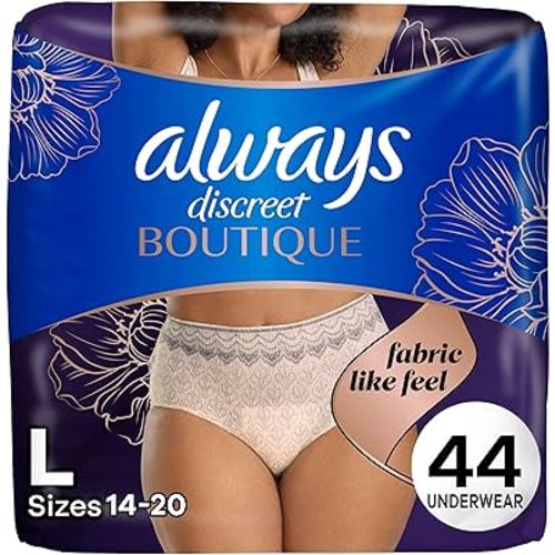 Always Discreet Boutique Incontinence and Postpartum Underwear for Women, Maximum Protection, Large, Rosy, 44 Count (2 Packs of 22)