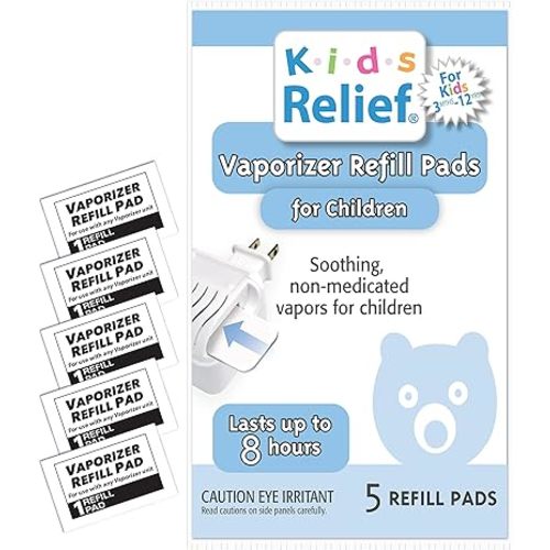 Kids Relief Refill Pads for Plug-in Waterless Vaporizer, Soothing Non-Medicated Menthol Eucalyptus Vapor, Universal - Fits all Vaporizers, 5 Count (Packaging May Vary)