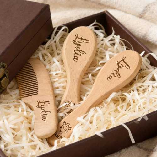 Engraved Name Wooden Baby Hair Brush Set, Personalized Baby Brush and Comb Set, Baby Shower Gift, New Mom Gift, Newborn Gift