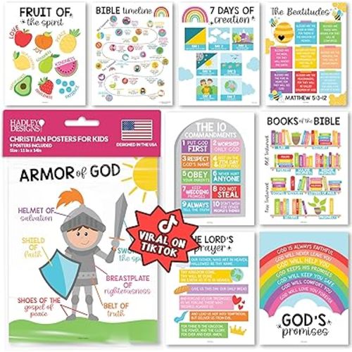 Hadley Designs Sunday School Decorations for Classroom – 9 Bible Posters for Kids, 11x14in Books of the Bible Poster, 10 Commandments, Fruits of the Spirit & More – Rainbow Christian Classroom Decor
