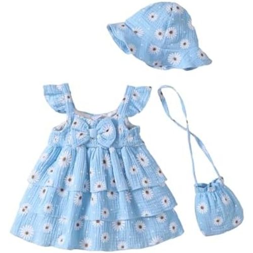 3-6 Mo Summer Dress Infant Baby Girl Casual Clothes Sleeveless Bowknot Beach Sundress with Hat