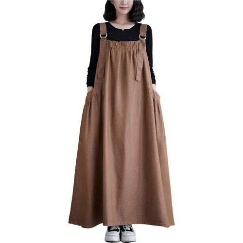 Denim Jumper Dress for Women Loose Version Baggy Style Maxi Length Adjustable Straps Wide Hemline