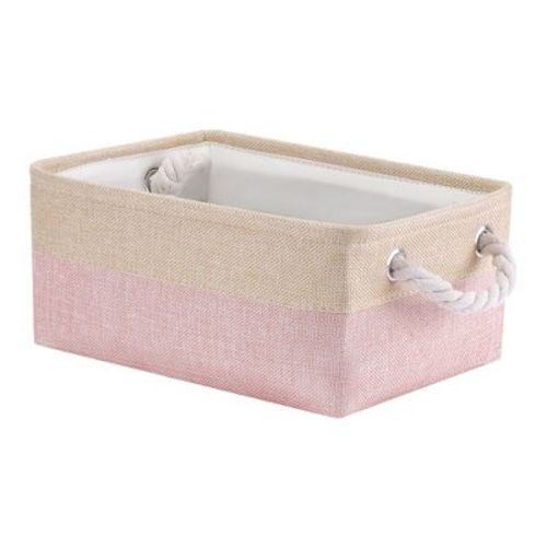 Unique Bargains Fabric Collapsible Storage Organizer Basket with Handles Pink/Beige 12.5*8.5*5in