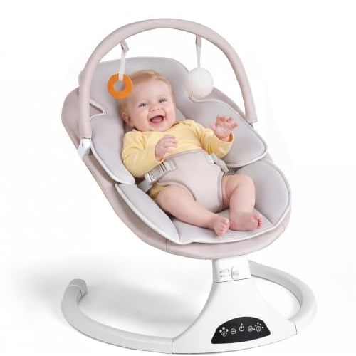 Electric Baby Swing with Remote Control,5 Speeds&Portable&Cozy(0-6M,Beige) | Safety lock&secure harness,12 melodies&Bluetooth,8/15/30min timer,lightweight indoor/outdoor,soft washable seat,easy assembly