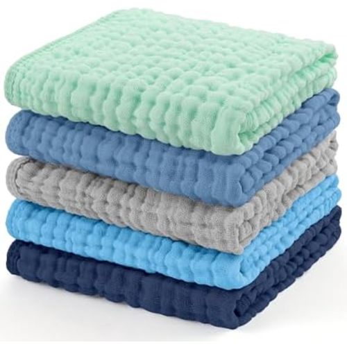 Yoofoss Muslin Burp Cloths for Baby 5 Pack 100% Organic Cotton Baby Washcloths for Boys Girls Large 20''X10'' Super Soft and Absorbent Apricot,Ocean Breeze