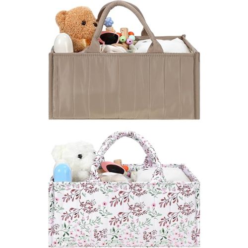 2 Pcs Diaper Caddy Organizer New Mom Gifts Stylish Brown Diaper Caddy Basket Floral Pastoral Daisy Nursery Storage Organizer Baby Shower New Parents Gifts for Baby Newborn Essentials