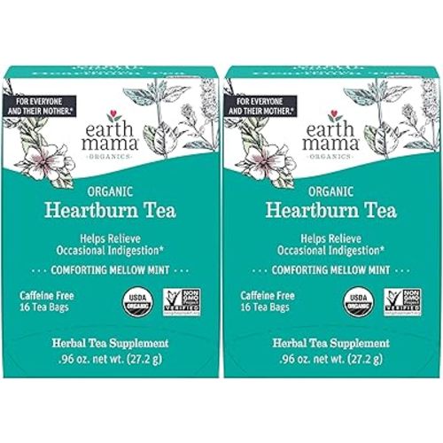 Earth Mama Organic Heartburn Tea | Pregnancy-Safe Soothing Herbal Blend with Marshmallow Root, Lemon Balm & Chamomile, 16 Teabags Per Box (2-Pack)