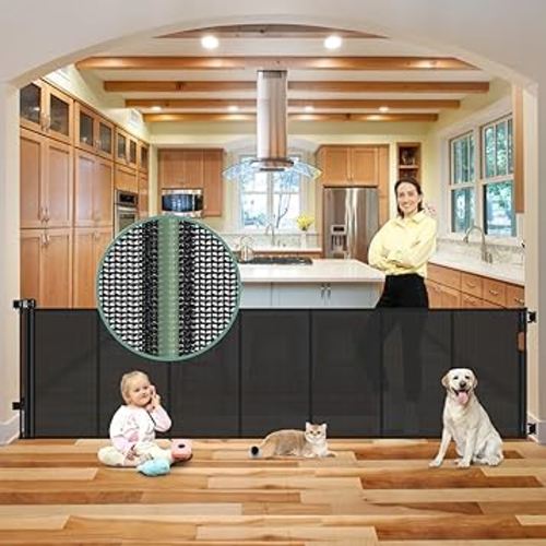 Reinforced Bottom 100 Inch Retractable Baby Gates Extra Wide Baby Gate for Large Openings, 8 ft Super Long Child Gates for Large Openings, Mesh Retractable Dog Gate for Doorways Extra Wide, Black