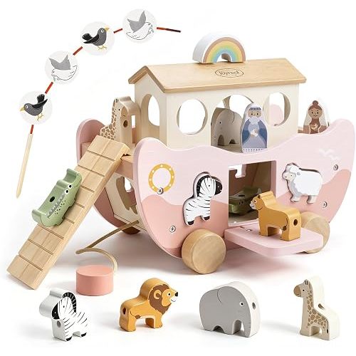 Joyreal Pink Wooden Noah's Ark Toy for 1 Year Old Baby Girl Baptism Gifts