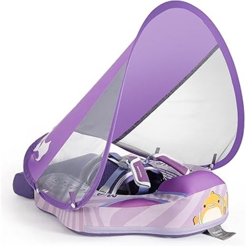 Mambobaby Float Add Tail No Flip Over Non-Inflatable Baby Swim Float Pearl Foam Solid Water Floats Smart Swim Trainer Infant Pool Float Swim Ring with Sun Canopy