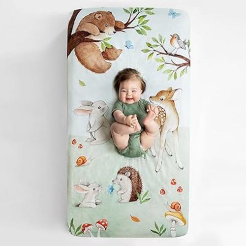 Rookie Humans 100% Cotton Sateen Fitted Crib Sheet: Enchanted Forest. Modern Nursery, Use as a Photo Background for Your Baby Pictures. Standard Crib Size (52 x 28 inches) Woodland Theme