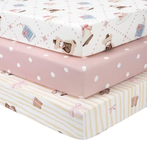 Baby Crib Sheets Girl, 3 Pack Toddler Bed Sheets Fitted for 52”x28” Standard Crib and Toddler Mattresses, Super Soft Microfiber Pink Bear