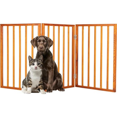3-Panel Indoor Foldable Dog Fence for Stairs, Hallways, or Doorways - 54x24-Inch Wood Freestanding Dog Gates by PETMAKER (Brown)