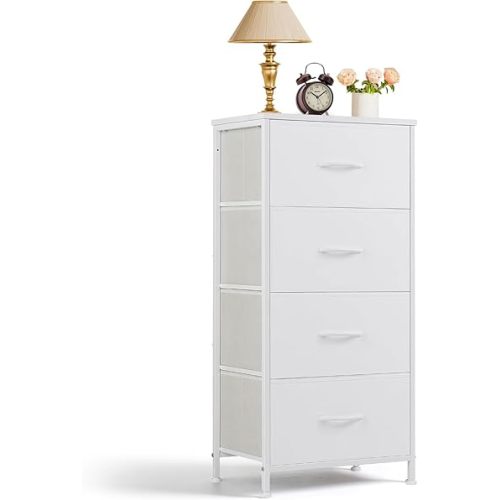 Nightstand, 4 Drawer Dresser End Table Bedside Furniture with Wooden Top Steel Frame Fabric Bins for Bedroom, Closet, Entryway, Dorm, Living Room, White