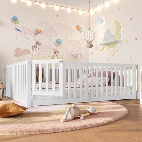 Bellemave Full Size Kids Montessori Floor Bed with Door,Solid Wood Floor Bed Frame with High Fence for Girls,Boys,White