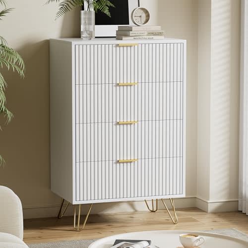 Furniway White Dresser for Bedroom, Modern Wide Dresser with Gold Pulls and 4 Drawers for Bedroom, Closets, 15.7" D x 23.6" W x 37.4" H