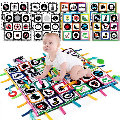 Baby Tummy Time Activity Mat, Newborn Infants Baby Toys 0-3 Months, Pack of 4 Small Activity Mats, Double High Contrast Toy with Teether, Baby Sensory Crinkle Toy,Great Gift for Infants Boys and Girls