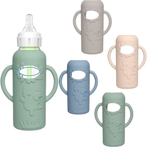 4 Pack Silicone Sleeves for Dr. Brown's Glass Baby Bottles -Drop Protection Easy-Grip Baby Bottle Sleeves Holder with Handles, Compatible with Dr. Brown's Newborn Glass Bottles 8 oz/250 mL