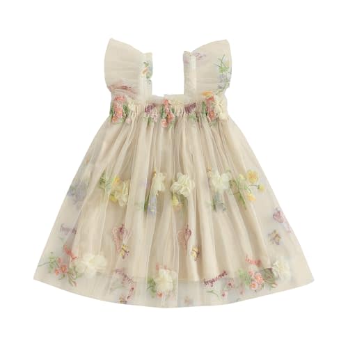 Kiluex Baby Girl Cute Tulle Tutu Dress Toddler Ruffle Sleeveless Square Neck Floral Embroidery Mesh Princess Dress