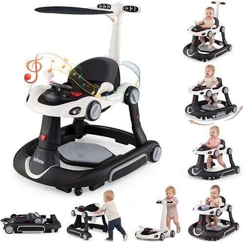 INFANS 7-in-1 Foldable Baby Walker, Converts Push Car to Bouncer, Rocker with Music, Lights, Adjustable Height & Speed, Activity Center, Canopy for 7-18 Months (Dark)