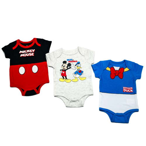 Disney Clothes Baby Boys 3-Pack Bodysuits – Mickey Mouse Newborn Outfit Set (Black/Blue/White) – 3/6M